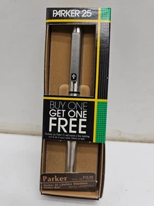 Parker 25 Roller Ball Pen Stainless Steel Black Ink Vintage NOS In Box - Picture 1 of 6