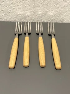 Lote de 4 horquillas vintage de acero inoxidable manijas de grano de madera MCM flateware - Imagen 1 de 8