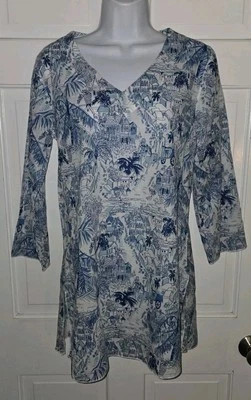 KEY WEST синий белый печать хлопок бисером v-образным вырезом пуловер прикрытие туника Топ S XS - Изображение 1 из 4