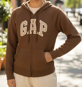 GAP Unisex Size XS Logo Zip Up Brown Hoodie with Kangaroo Pockets - Picture 1 of 11