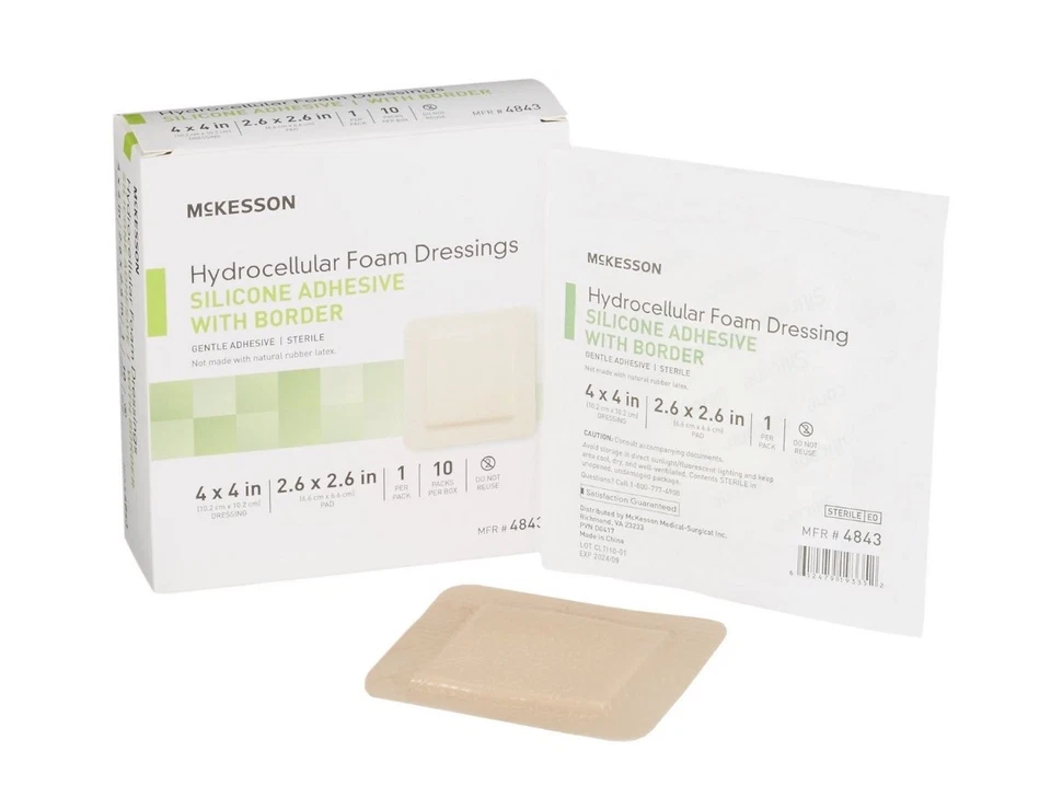 Apósito de espuma delgada MCK McKesson Lite 4 X 4 pulgadas con respaldo de película de borde silicona Foto 1 de 1