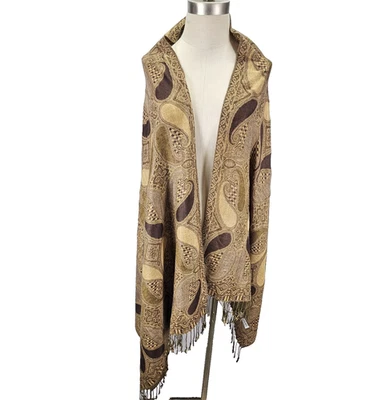 Women’s Elegant Pashmina Shawl Wrap Pashmina Silk Paisley Gold Brown 72''x27'' - Image 1 of 4