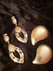 Jeweled Silvertone Flashy Vintage Large Clip-on Earrings Lot/2 (a07)