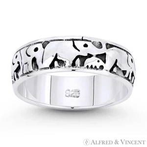 Elefant Herde Tier Totem Charm Eternity Band oxidiert 925 Sterling Silber Ring - Bild 1 von 1