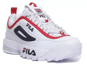 FILA Disruptor Ex Display Azul Rojo Suela Gruesa Bajo En Blanco UK 3-12 - Imagen 1 de 6