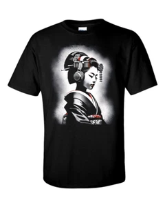 Headphone Japanese Geisha Girl Graffiti Stencil Spray Paint DJ T-Shirt - Picture 1 of 1
