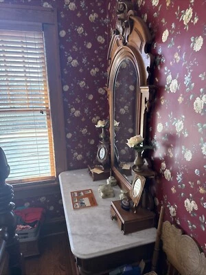 Antique Victorian Carved Walnut Marble Top Dresser with Mirror C1880 - Image 1 of 4