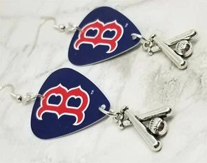 MLB Boston Red Sox Guitar Pick Earrings with Bat and Ball Charms - Picture 1 of 3