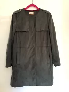 M&S Per Una Coat Jacket Size 12 Khaki Faux Suede Pockets Collarless Lapels VGC - Picture 1 of 11