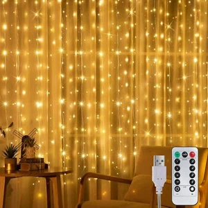 10Ft*10Ft Window Curtain Light Fairy 8 Modes 300LED Warm White Controller USB - Picture 1 of 8