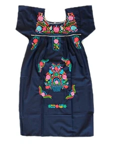 Mexican Embroidered Floral Girl's Dress Handmade Peasant Navy Blue 8 Y Dress  - Picture 1 of 4