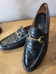 Zapatos mocasines vintage Mayer de cuero negro avestruz real broca de caballo 7,5 8 D - Imagen 1 de 12