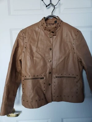 Excelente Chaqueta de Cuero Genuino Tachonada Moto Motociclista Tostada Talla XL Foto 1 de 4
