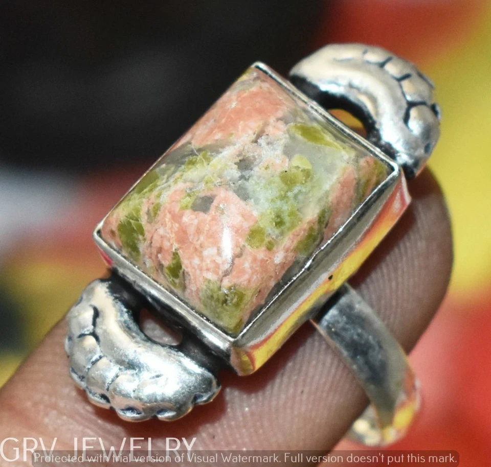 Anillo de piedras preciosas Unakita con superposición de plata de ley 925 talla EE. UU. 7" U278-B174 Foto 1 de 1