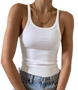 Women’s Ribbed Knit Sleeveless Tank Top Scoop Neck Basic Cami Shirt - Picture 1 of 8
