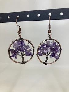 Tree of Life Purple Natural Chakra Beads Sterling Hook Earrings Purple Dangle - Picture 1 of 8