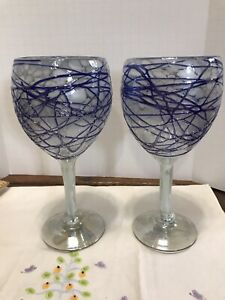 Pair Wine Goblets Tonala Jalisco Hand Made Art Glass Blue Opalescent Mexico