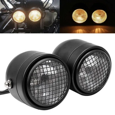 Motorrad Doppel Haupt Scheinwerfer H4 Halogen Für Harley Custom Chopper Schwarz - Bild 1 von 4