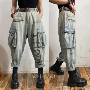 Pantalones de Carga Informales Para Mujer Denim Bolsillos Sueltos Harén Pantalones Jeans Pantalones Retro - Imagen 1 de 9