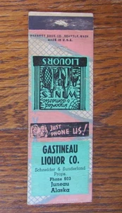 JUNEAU, ALASKA MATCHBOOK COVER: GASTINEAU LIQUOR STORE EMPTY 1940s MATCHCOVER -A - Picture 1 of 2