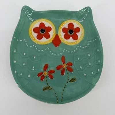 Cracker Barrel Owl Plate Trinket Dish Decorative Green Flowers Ceramic - Image 1 of 4