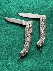 Two Vintage Gold Tone Blade Hindu Pocket Knife - Picture 1 of 6
