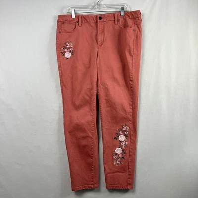 Calça Coldwater Creek Feminina Tamanho 18 Floral Bordada Cintura Média Perna Fina Coral - Imagem 1 de 4