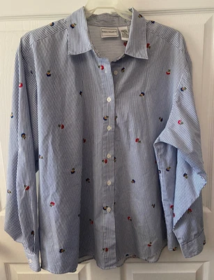 Blusa Nada Valley Feminina XL Botão para Cima Azul Branco Listrado Bordado Algemado - Imagem 1 de 4