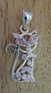 Sterling Silber 30x15mm sitzende Katze mit hellrosa Kristallen Charm Anhänger - Bild 1 von 8