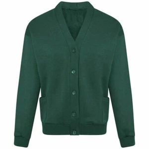 Boys Girls Green V Neck School Cardigan Fleece Buttoned Long Sleeve Jumper - Picture 1 of 1
