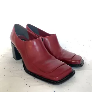 Diba Vtg Y2K Red Square Toe Flat Toe Box Block Heel Loafers Zip Side - Sz 8.5 - Picture 1 of 21