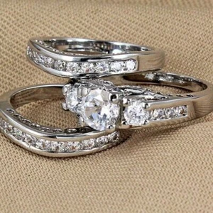 1.10 CT White Round Cut CZ Tiro Wedding Matching Ring Set In Solid 925 Silver - Picture 1 of 11