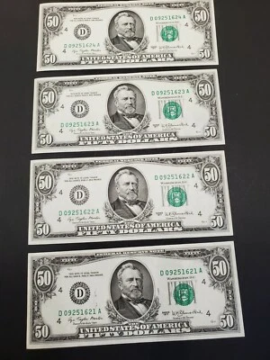 1977 $50.00 Federal Reserve Notes 4 Consecutive Sequential UNC CRISP - Image 1 of 4
