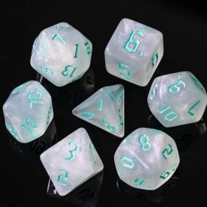 White Shimmer Acrylic Polyhedral Dice Set w/ Aqua Gothic Font / TTRPG / D&D Dice - Picture 1 of 5