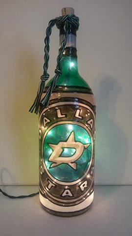 Dallas Stars Inspired Hand Painted Lighted Wine Bottle Stained Glass look Cover