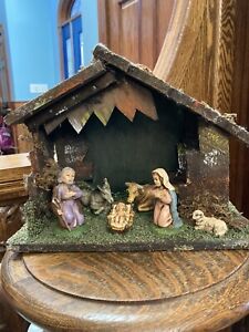 Vintage Rustic Wood Italian Christmas Manger Nativity Set - Hand Painted