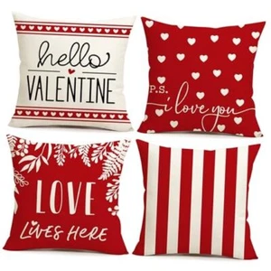 Valentine's Day Love Lives Here Pillow Covers 18x18 Set of 4 Red Striped - Picture 1 of 8