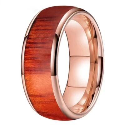 Anillo de carburo de tungsteno de 8 mm para hombres y mujeres con incrustaciones de madera roja ajuste cómodo banda de anillo Foto 1 de 4