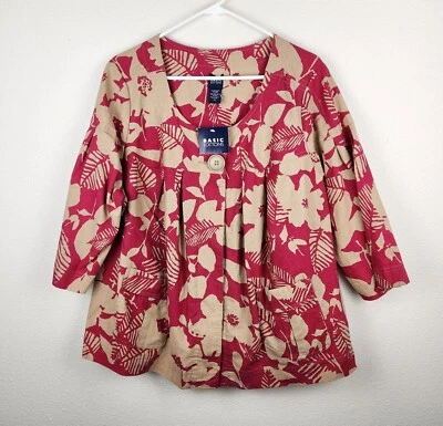 Basic Editions Womens Floral Linen Blend Button Up Jacket Plus Size 1X Tropical  - Image 1 of 4