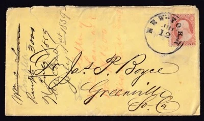 US #26A ON COVER FROM NEW YORK TO GREENVILLE SOUTH CAROLINA 1859? - Image 1 of 4