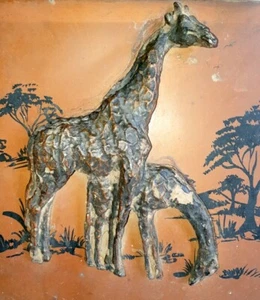 Ancient Old Hand Carved Copper Strip Plate Giraffe Statue Sculpture Wood Frame - Picture 1 of 11