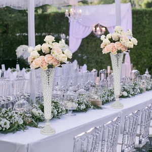 2 Pc Modern Crystal Trumpet Flower Silver Stand Crystal Vase For Wedding Decor - Picture 1 of 16