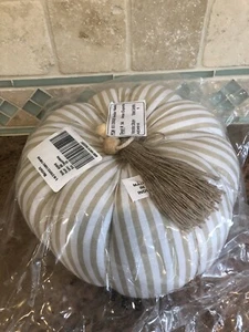 NEW Fall Halloween 9" Pillow PUMPKIN Shape Tan Brown Striped Fabric Tassel Deco - Picture 1 of 12