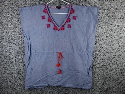 J.Crew Blue Embroidered V Neck Cotton Linen Drawstring Caftan Top Tunic XL - Image 1 of 4