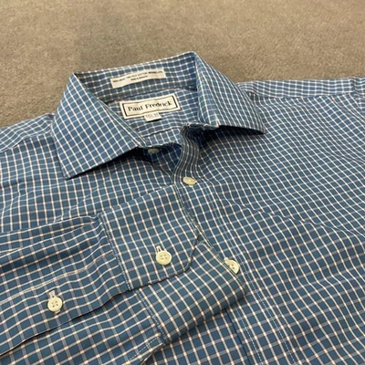 Paul Fredrick Shirt Mens 15.5 35 Blue Non-Iron Two-Ply Cotton Check Trim Fit - Image 1 of 4