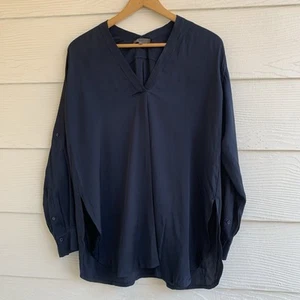 Blusa Vince Mujer Azul Seda Mediana Manga Larga Botón Delantero Cuello en V Pestaña Enrollable - Imagen 1 de 11