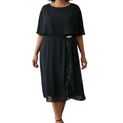 Le Bos Cape Dress Size 16W Black Chiffon Rhinestones Lace Ruffle Sequin Cocktail - Image 1 of 4