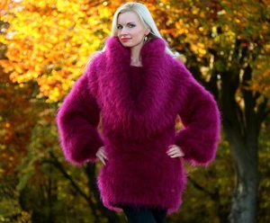 Purple cowlneck fuzzy mohair sweater thick warm dress handmade fluffy tunic L-XL - Picture 1 of 10
