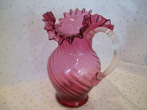 Fenton Cranberry Swirl Glass  Pitcher with Crimped Edge & Applied Clear Handle - Picture 1 of 7