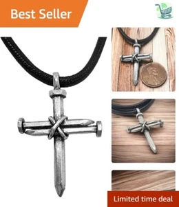 Antique Pewter Cross Necklace - Unique 3 Nails Design for Men - Christian Style - Picture 1 of 7
